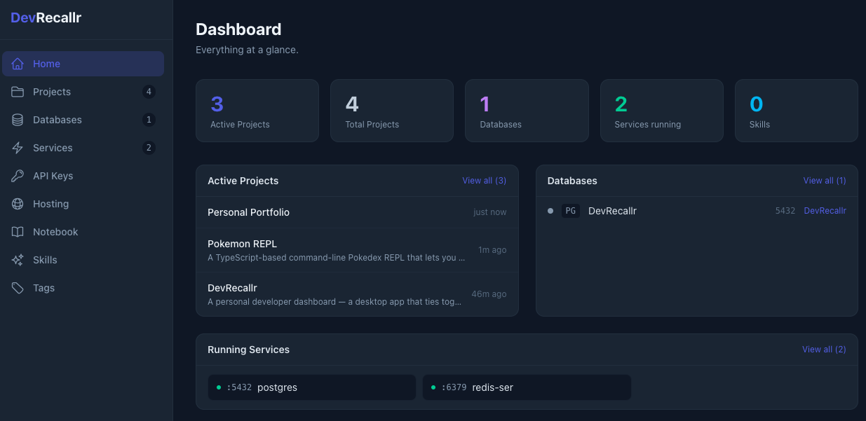 DevRecallr main dashboard showing project list, active services, and GitHub activity