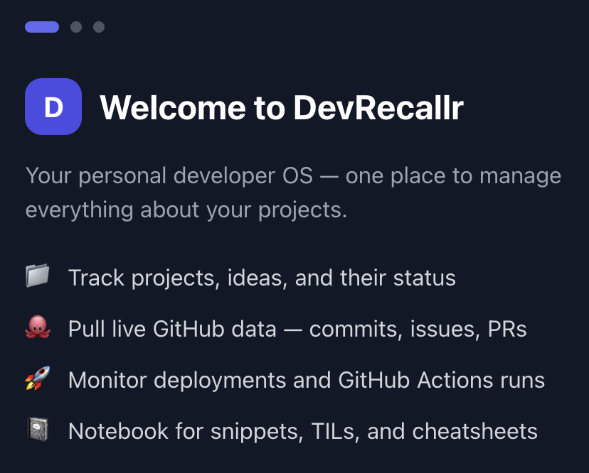 DevRecallr welcome and onboarding dialog